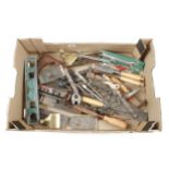 Two brass lever caps, 5 plane irons and other tools G