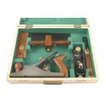 A cased set of 5 new tools by FAITHFUL comprising a No 4 smoother, No 9 1/2 block, square, mortice