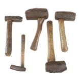 A rare set of 5 file maker's hammers some with finger wear indents to handles G