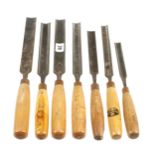 A harlequin set of 7 long gouges with matching boxwood handles 5/8" to 1 1/8" G+