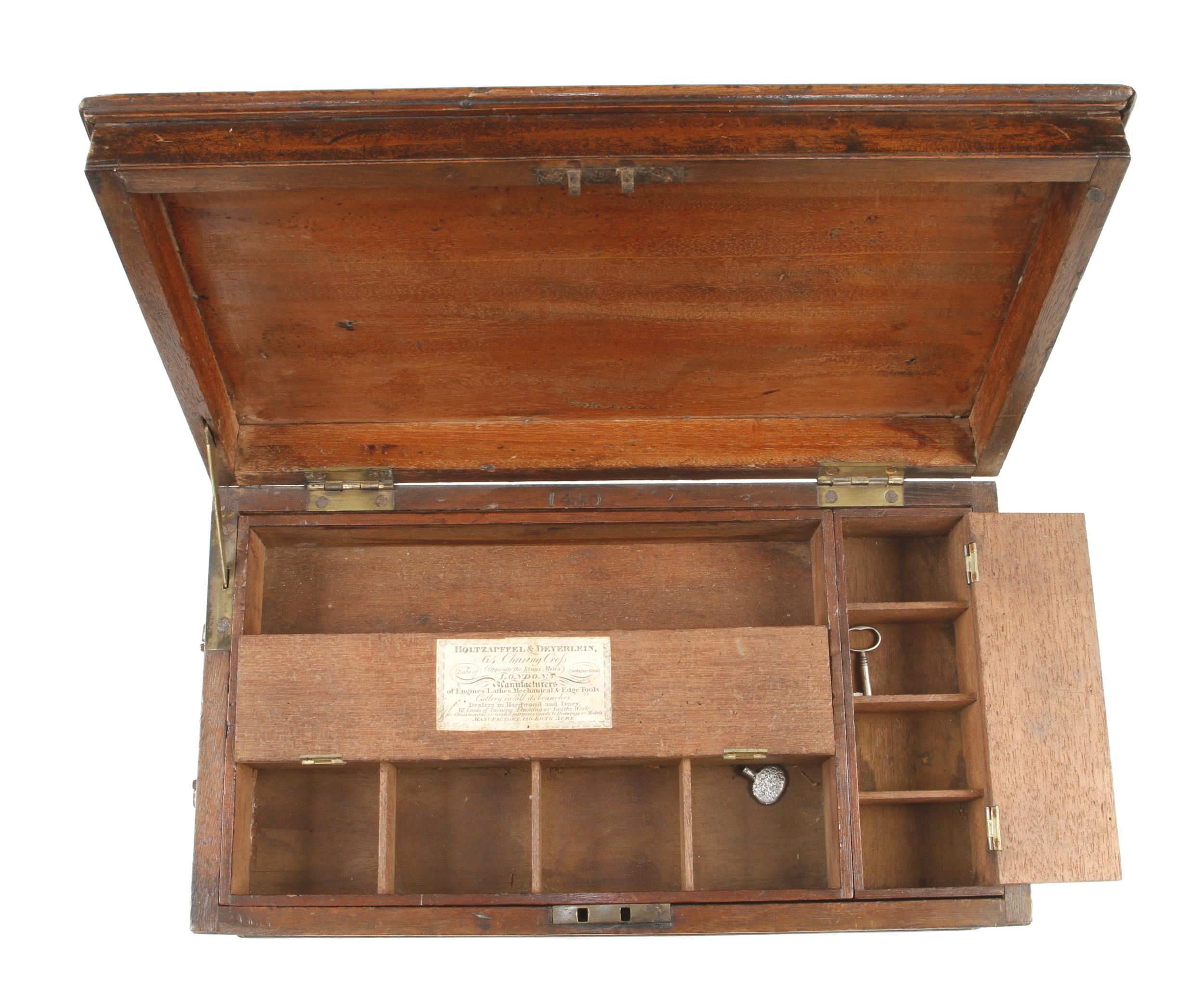 A very rare and fine quality lockable mahogany tool box by HOLTZAPFFEL & DEYERLEIN 14" x 8" x 6"h - Image 4 of 5