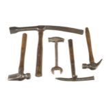 Five hammers; paviour's, coal, farrier's, plough and slater's G