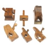 A brass nosed bullnose plane, router, boxwood gauge and 3 small planes G+