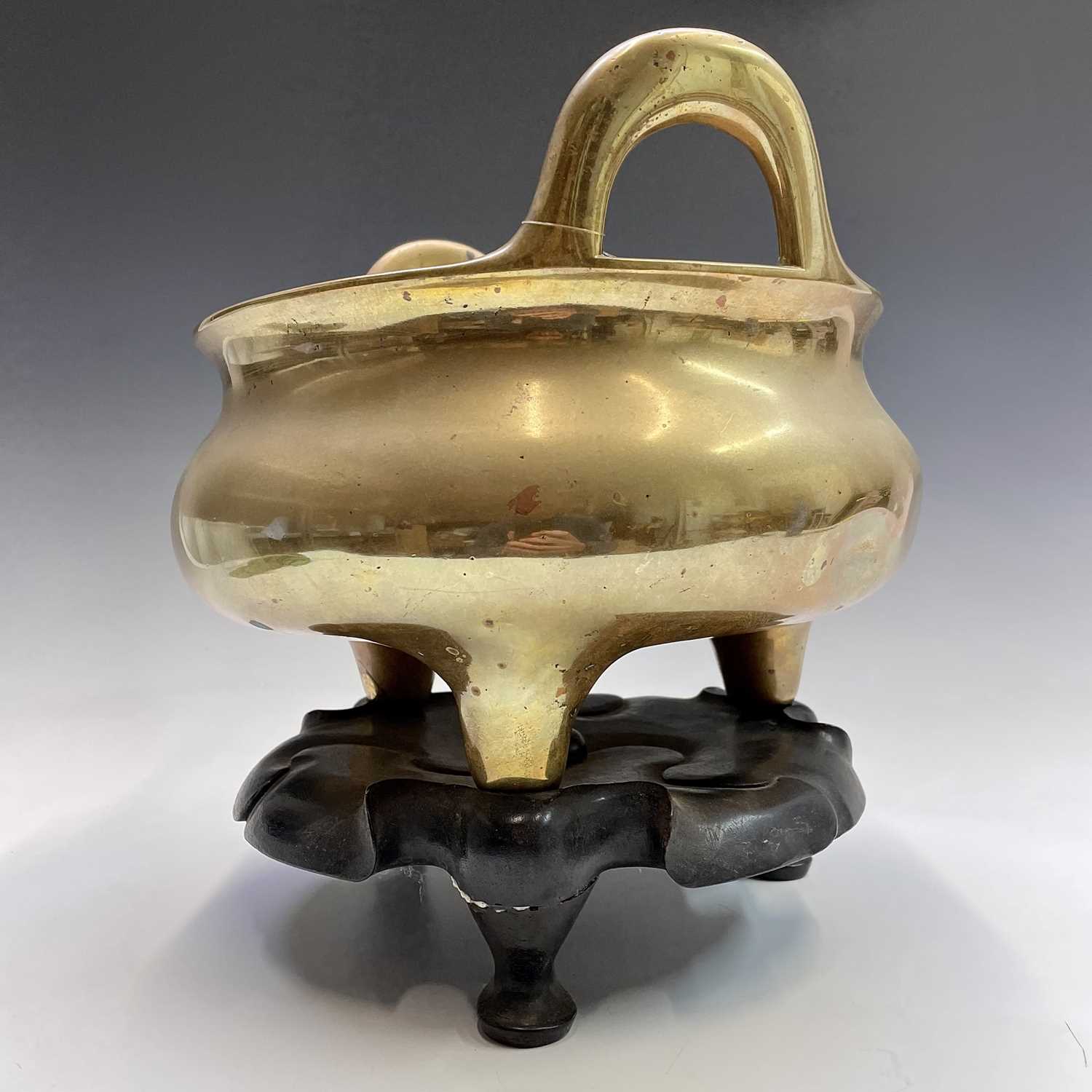 A large Chinese polished bronze censer, six character Xuande mark, with loop handles and three - Image 9 of 14
