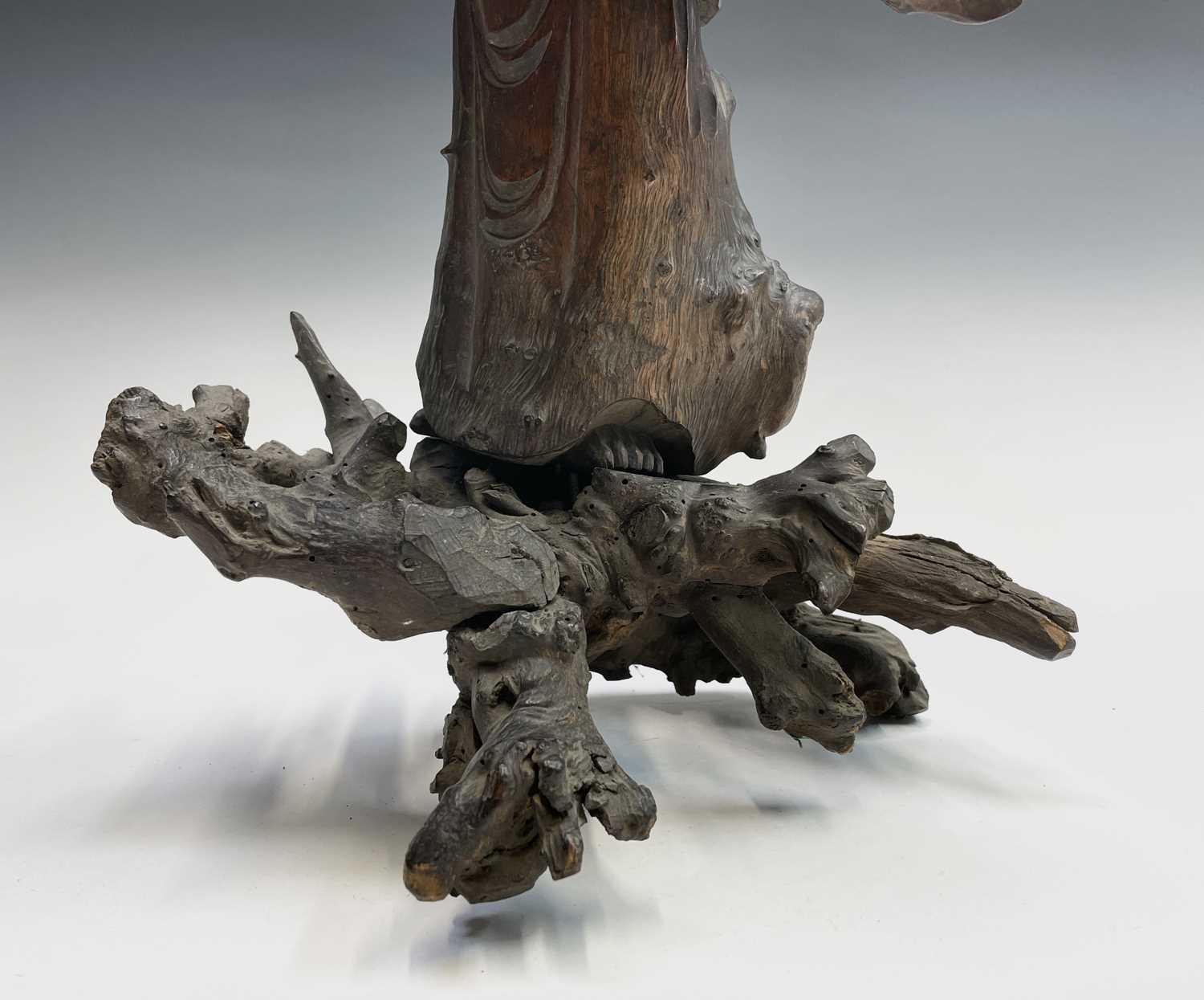 A Chinese carved rootwood figure of a man in a robe, 19th century, the figure in two sections, - Image 9 of 14