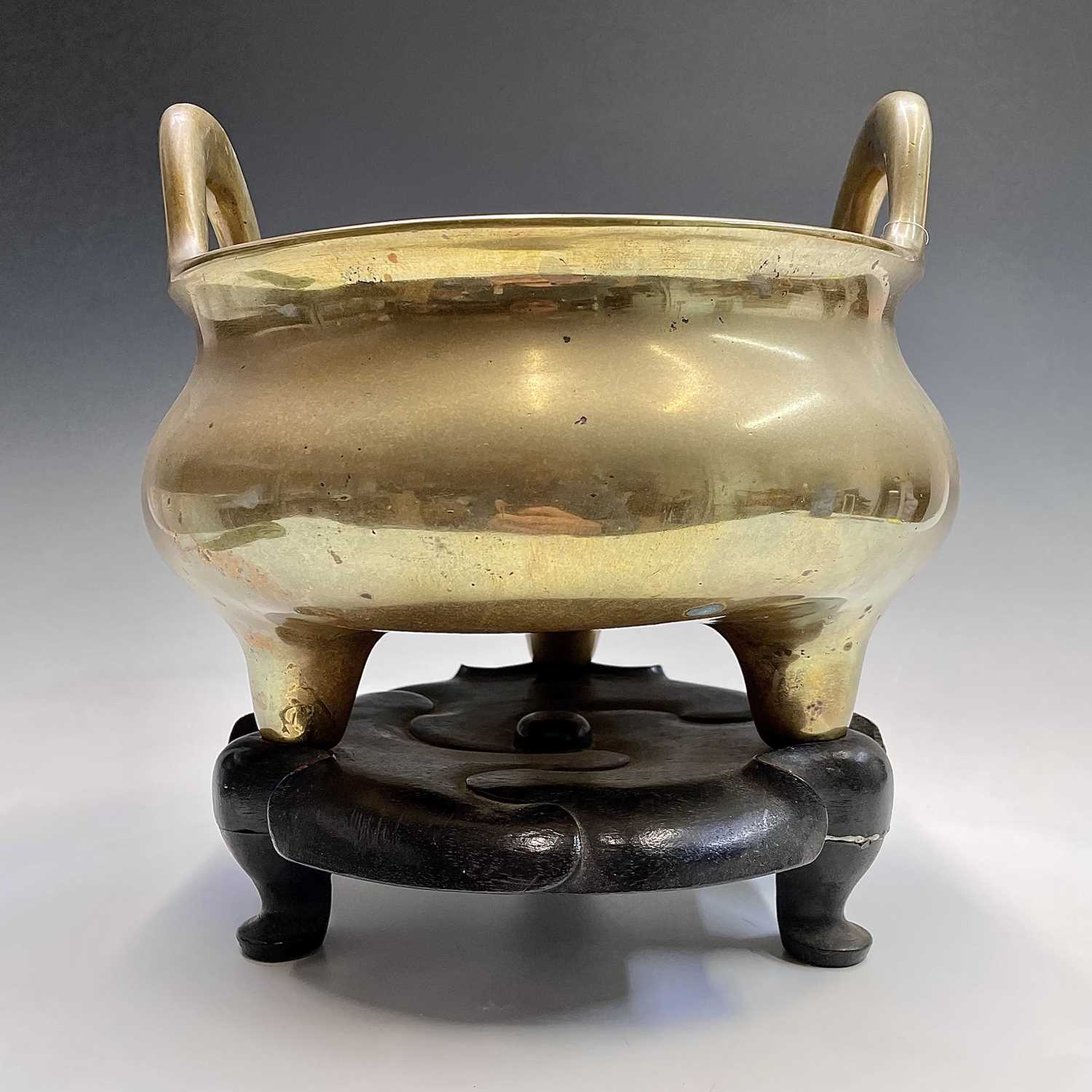 A large Chinese polished bronze censer, six character Xuande mark, with loop handles and three - Image 6 of 14