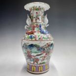 A Chinese Canton porcelain vase, 19th century, the handles in the form of swans above ractangular