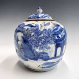 A Chinese blue and white porcelain jar and cover, late 19th century, decorated with a river scene