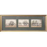 A framed set of three Indian watercolours, late 19th century, depicting oxon, carts and figures,