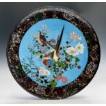 A huge Japanese cloisonne charger, Meiji Period, the sky blue ground decorated with birds amongst