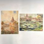 Two Burmese Mandalay watercolours, mid 20th century, indistinctly signed and dated, each inscribed