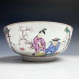 A Chinese export famille rose porcelain punch bowl, Qianlong period, the centre of the interior with