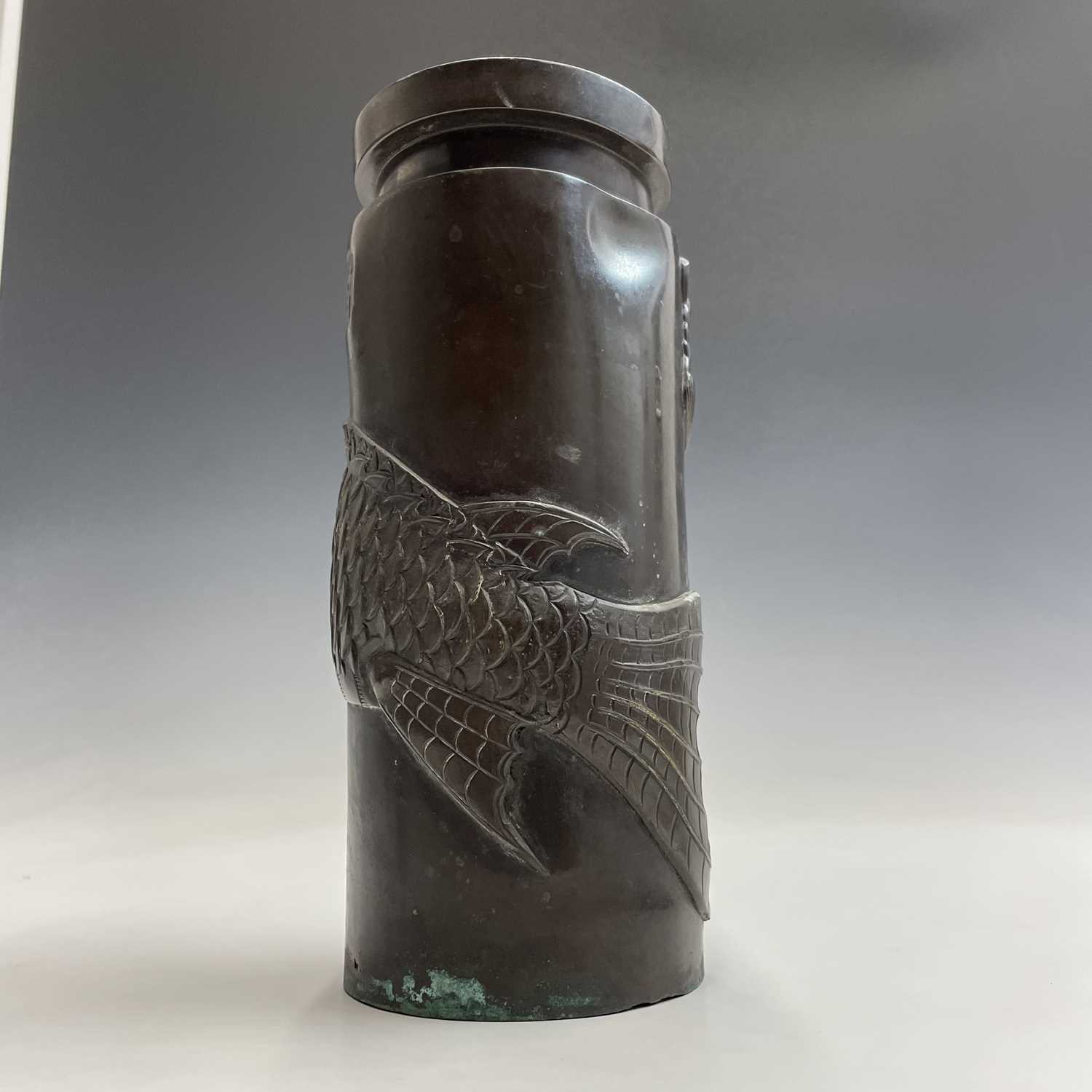 A Chinese bronze cylindrical vase, Qing Dynasty, the cartouche enclosing a five character mark above - Image 6 of 12