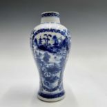 A Chinese export blue and white porcelain baluster vase, Qianlong period, with panels enclosing