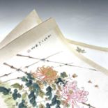 Two Chinese watercolours of bees and flowers, character marks and red seal, within a silk border,