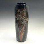 A Japanese bronze vase, Meiji period, signed, the flowering tree overlaid in gold, silver and