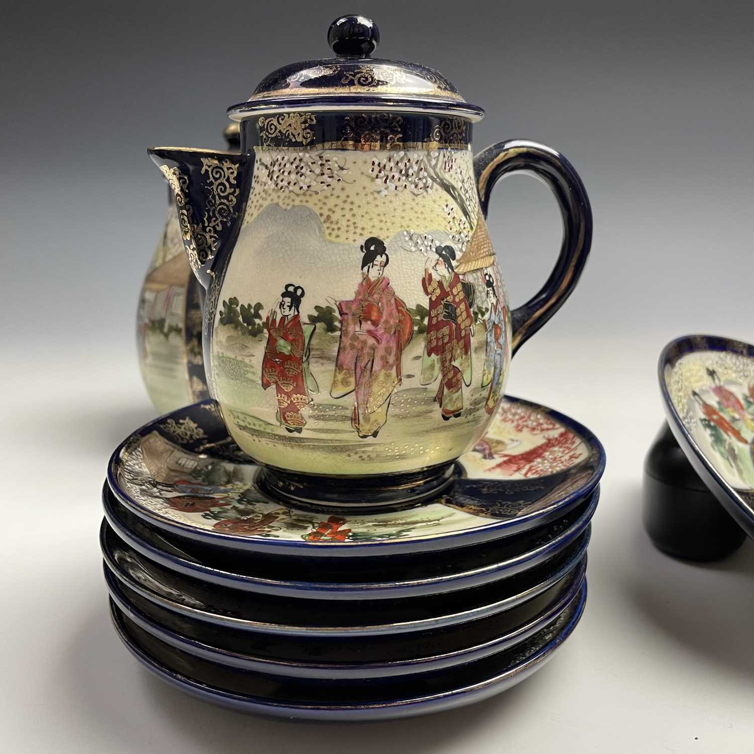 A Japanese satsuma tea service, early 20th century, comprising a teapot, hot water jug, sugar - Image 7 of 18