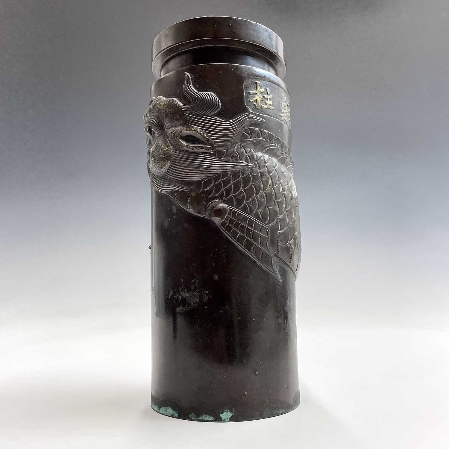 A Chinese bronze cylindrical vase, Qing Dynasty, the cartouche enclosing a five character mark above - Image 2 of 12