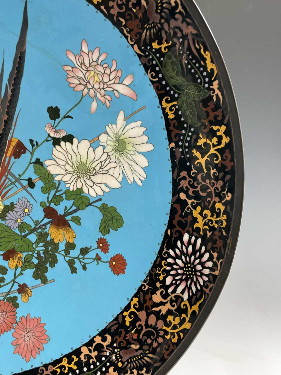 A huge Japanese cloisonne charger, Meiji Period, the sky blue ground decorated with birds amongst - Image 11 of 12