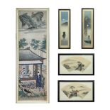 A pair of Chinese fan-shaped watercolours on silk, each depicting river scenes, signed, frame size