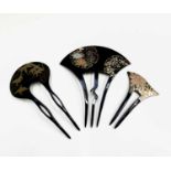 A Japanese black lacquered hair comb, signed, decorated with two mon, 14 x 12cm and two other