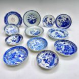 Twelve Chinese various blue and white porcelain plates, 18th century, largest diameter 16.5cm.