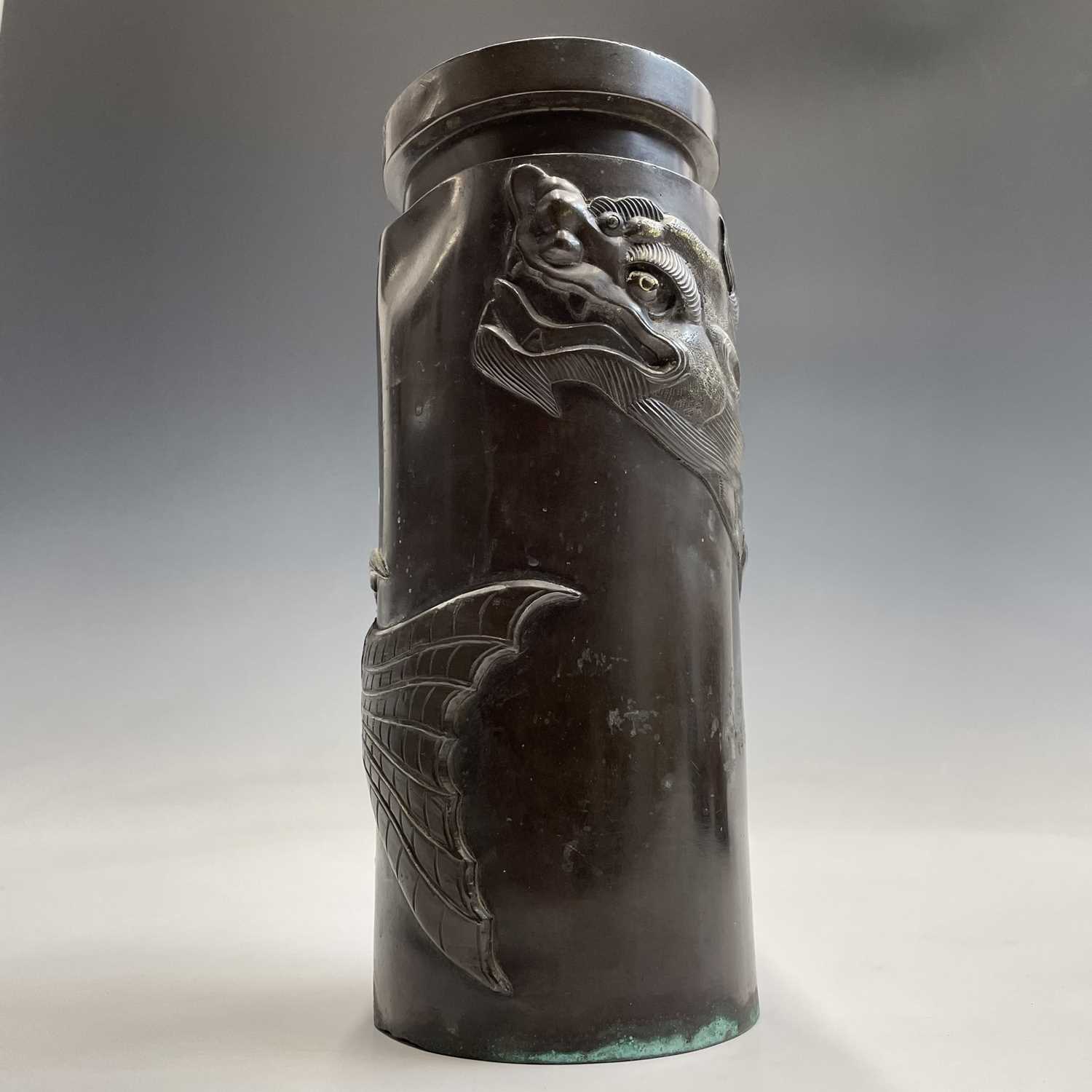 A Chinese bronze cylindrical vase, Qing Dynasty, the cartouche enclosing a five character mark above - Image 7 of 12