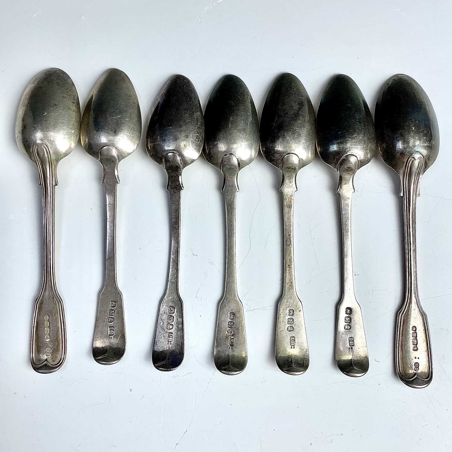 A set of five George III silver fiddle and thread pattern dessert spoons, maker IB, London 1807; - Image 3 of 4