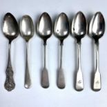 A Victorian Scottish silver Queens pattern teaspoon, Glasgow 1862, together with a pair of Victorian