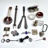 Miscelleneous interesting items to include a tortoiseshell miniature banjo, a sovereign and half