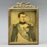 A 19th century miniature colour print depicting Napoleon, within rectangular cast brass frame,