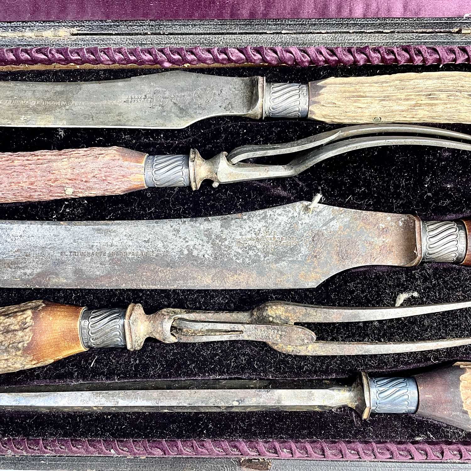 A Victorian cased meat carving set with antler handles and with silver collars and caps, by Joseph - Image 4 of 7