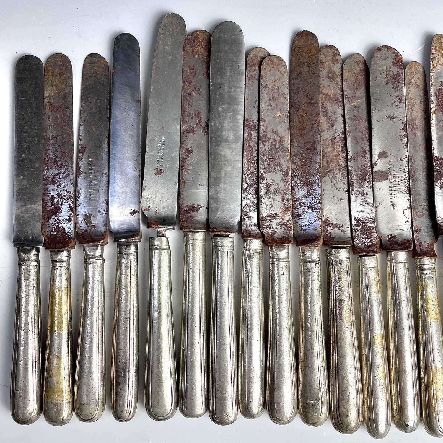 A George III harlequin set of 24 knives with steel blades and silver filled handles, lengths 20- - Image 6 of 6