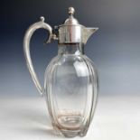 A Victorian silver mounted glass claret jug by Roberts & Belk Ltd, the hinged lid with ball finial