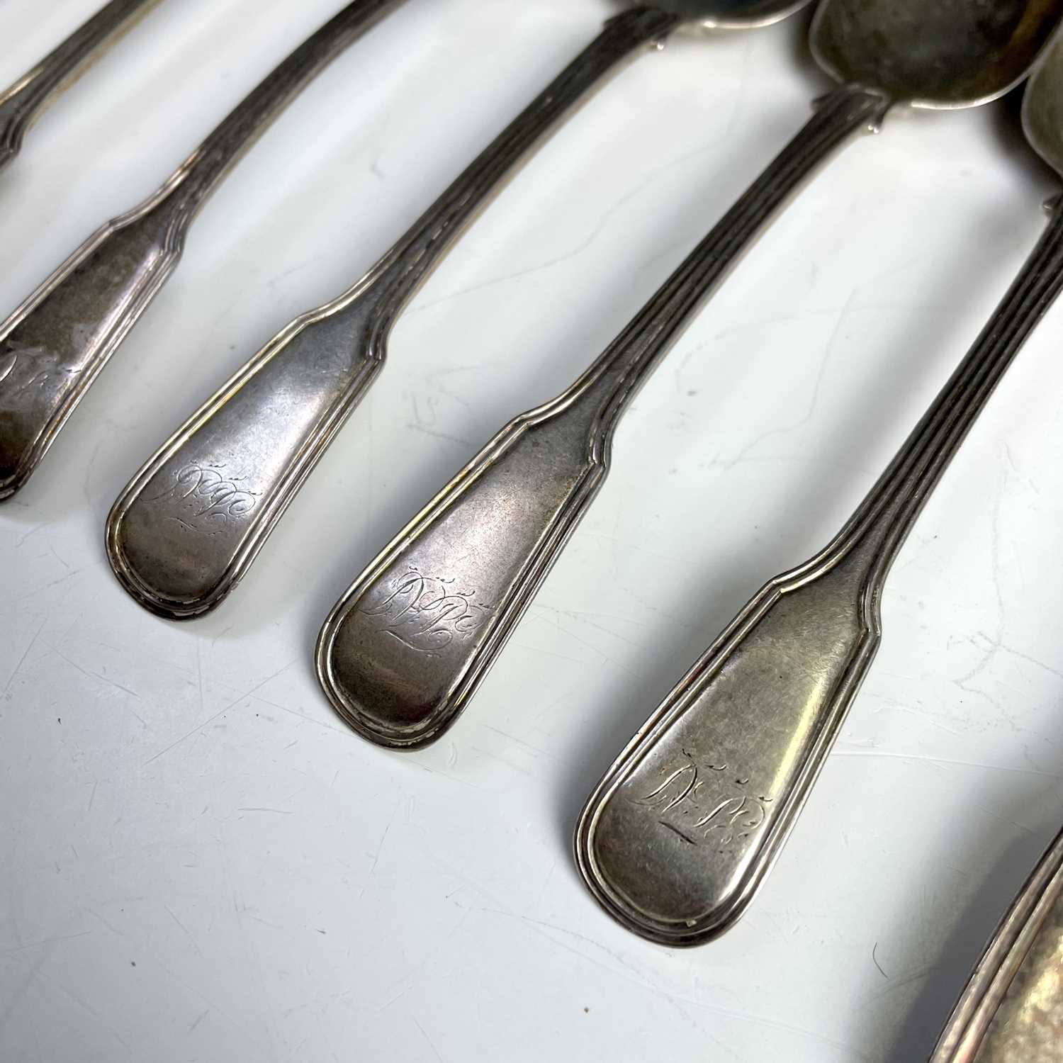 A set of five George III silver fiddle and thread pattern dessert spoons, maker IB, London 1807; - Image 2 of 4