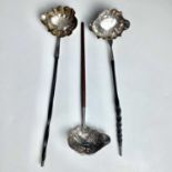 Three Georgian silver punch ladles, hallmarked 1749, 1760 and indestinct (3)