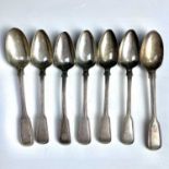 A set of five George III silver fiddle and thread pattern dessert spoons, maker IB, London 1807;