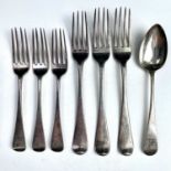 Three George III silver table forks, London 1803 & 1817, together with a set of three George IV