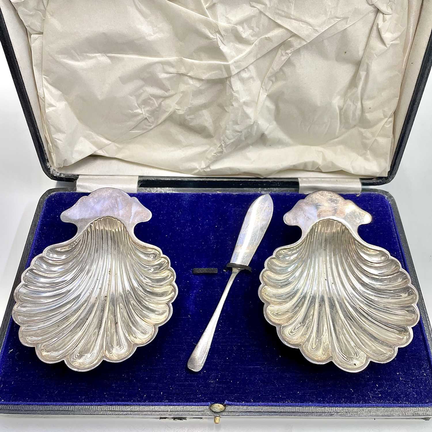 A George V cased pair of scallop shell butter dishes by Elkington & Co, together with one butter - Image 7 of 9