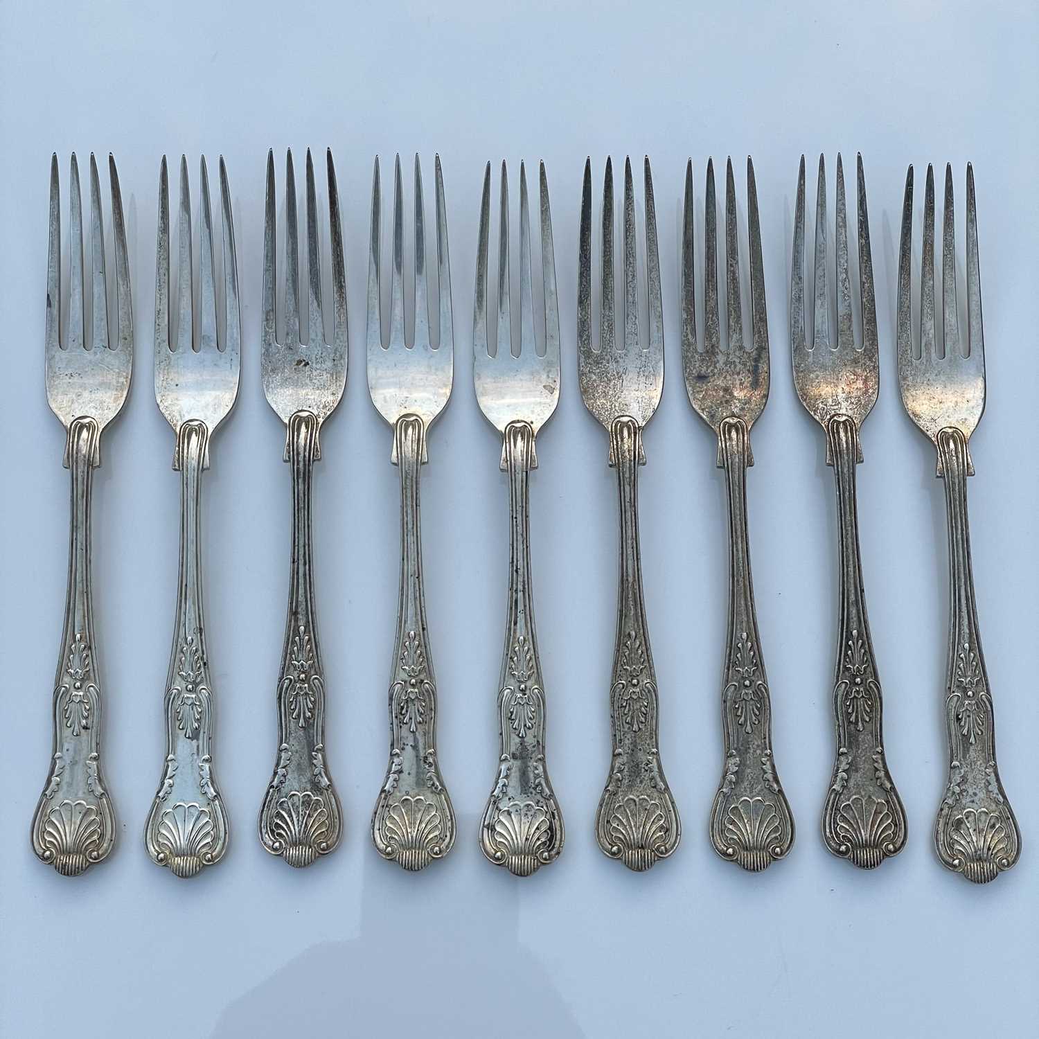 A modern silver set of nine Kings Pattern dessert forks by Francis Howard Ltd, Sheffield 1970,