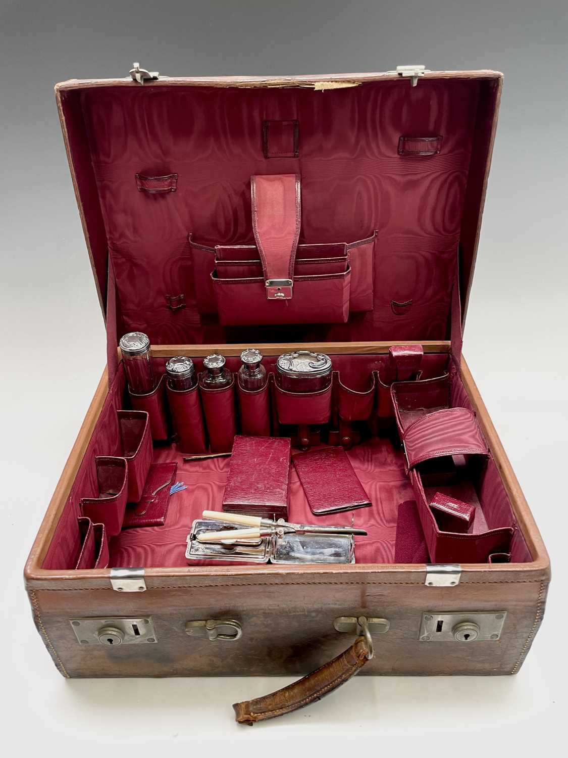 A tan leather toilet case by A. Davis & Co 10 Strand London , the red silk interior with five floral - Image 26 of 26
