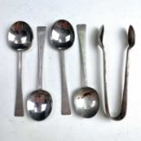 A set of four George V Scottish silver teaspoons and sugar tongs by James Weir, Glasgow 1926, weight