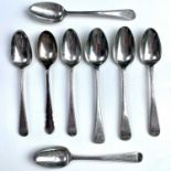 A George III provincial silver set of five bright cut teaspoons, indistinct makers mark, no date