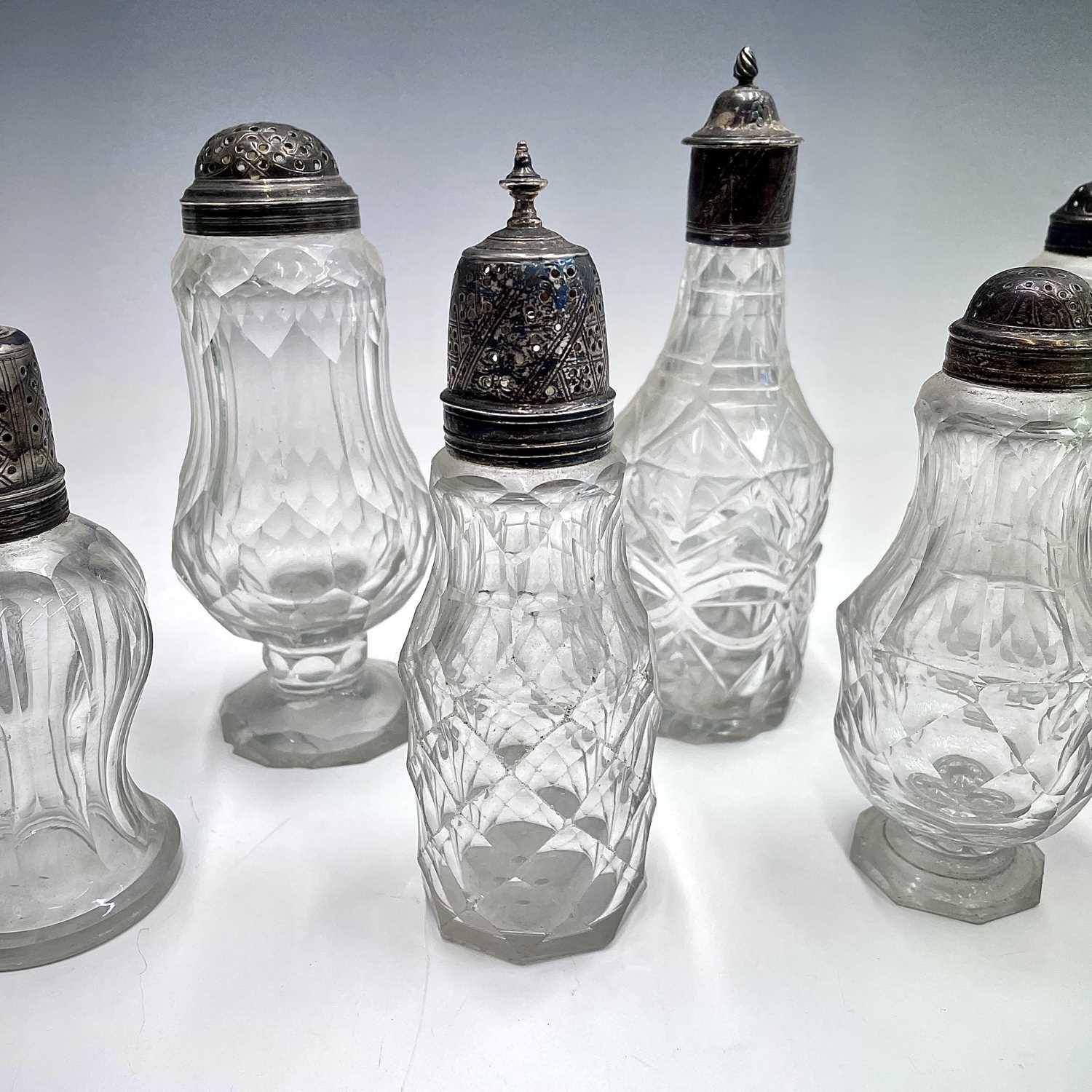 A collection of eight Georgian facet and cut glass cruet bottles with silver lids, all unmarked, the - Image 6 of 7