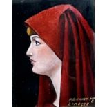 A Limoges enamel on copper plaque, depicting a women in a red shawl, signed P. BONNET, 9cm x 7cm.