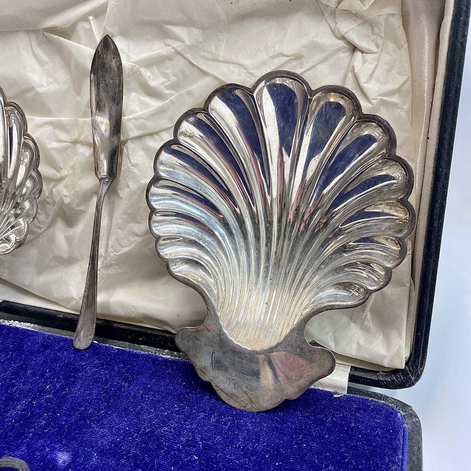 A George V cased pair of scallop shell butter dishes by Elkington & Co, together with one butter - Image 8 of 9