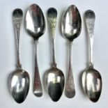 A George III provincial silver set of five bright cut teaspoons by Richard Ferris of Exeter, no