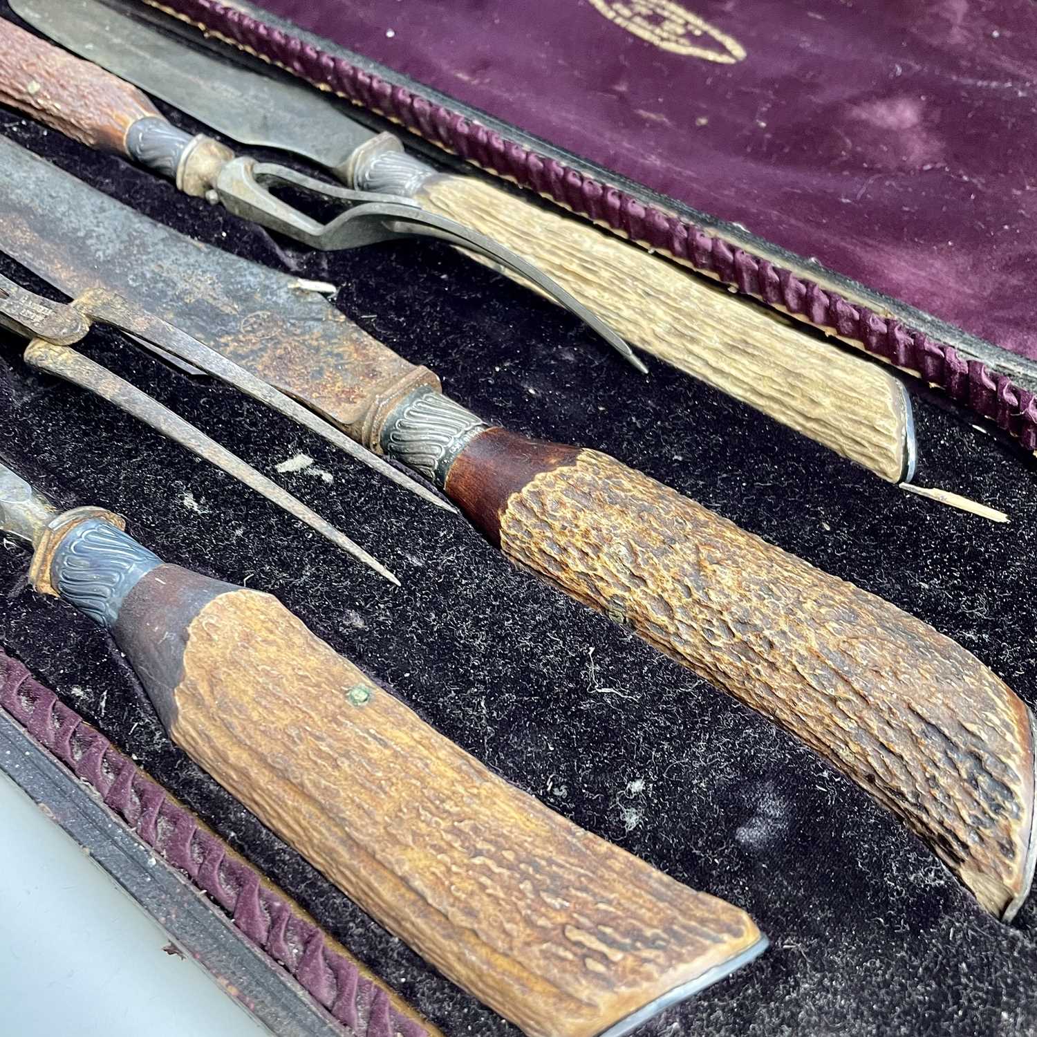 A Victorian cased meat carving set with antler handles and with silver collars and caps, by Joseph - Image 6 of 7