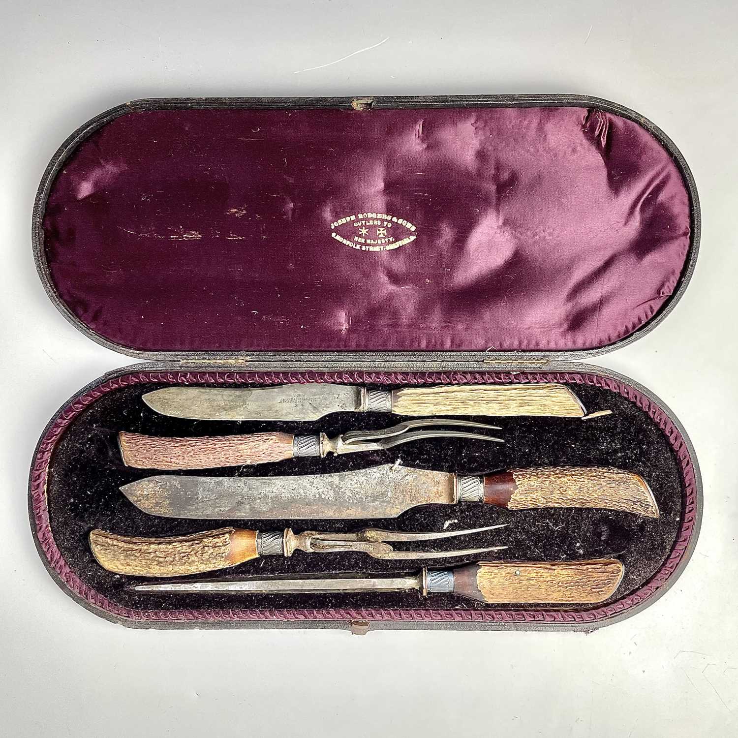 A Victorian cased meat carving set with antler handles and with silver collars and caps, by Joseph - Image 5 of 7