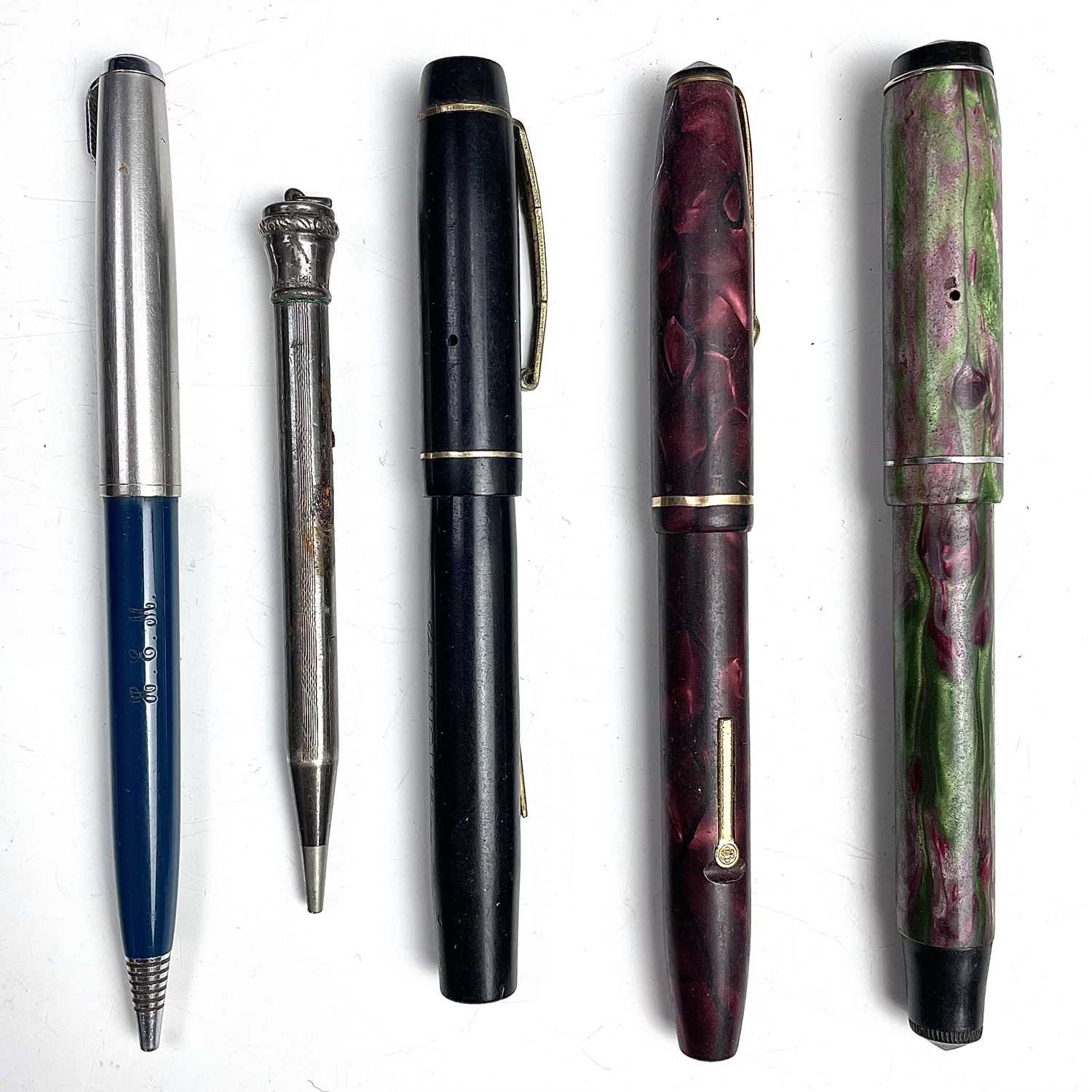 Three fountain pens including a Conway Stewart 15 fountain pen with 14ct nib, "The UNIQUE" pen